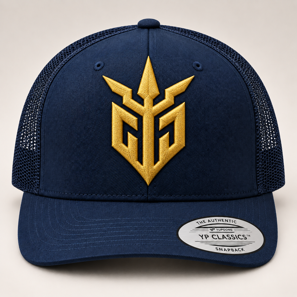 🌊🛡️ Storm Sentinel – Iron Sentinel · Gold 3D puff · Dark Navy Curved Trucker | Hand Finished in Dubai | EmbroMania