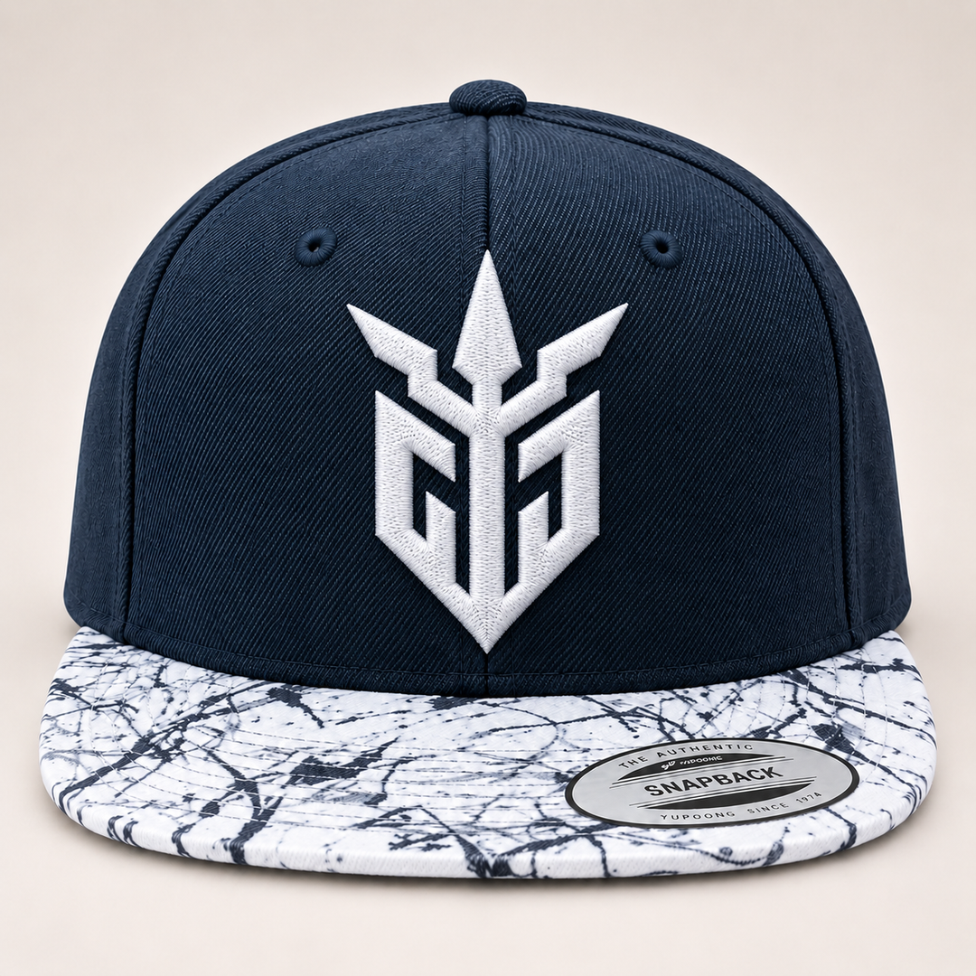 🌊🤍 Tidal Iron – Iron Sentinel · White 3D puff · Navy Crown &amp; Marble Brim Snapback | Hand Finished in Dubai | EmbroMania