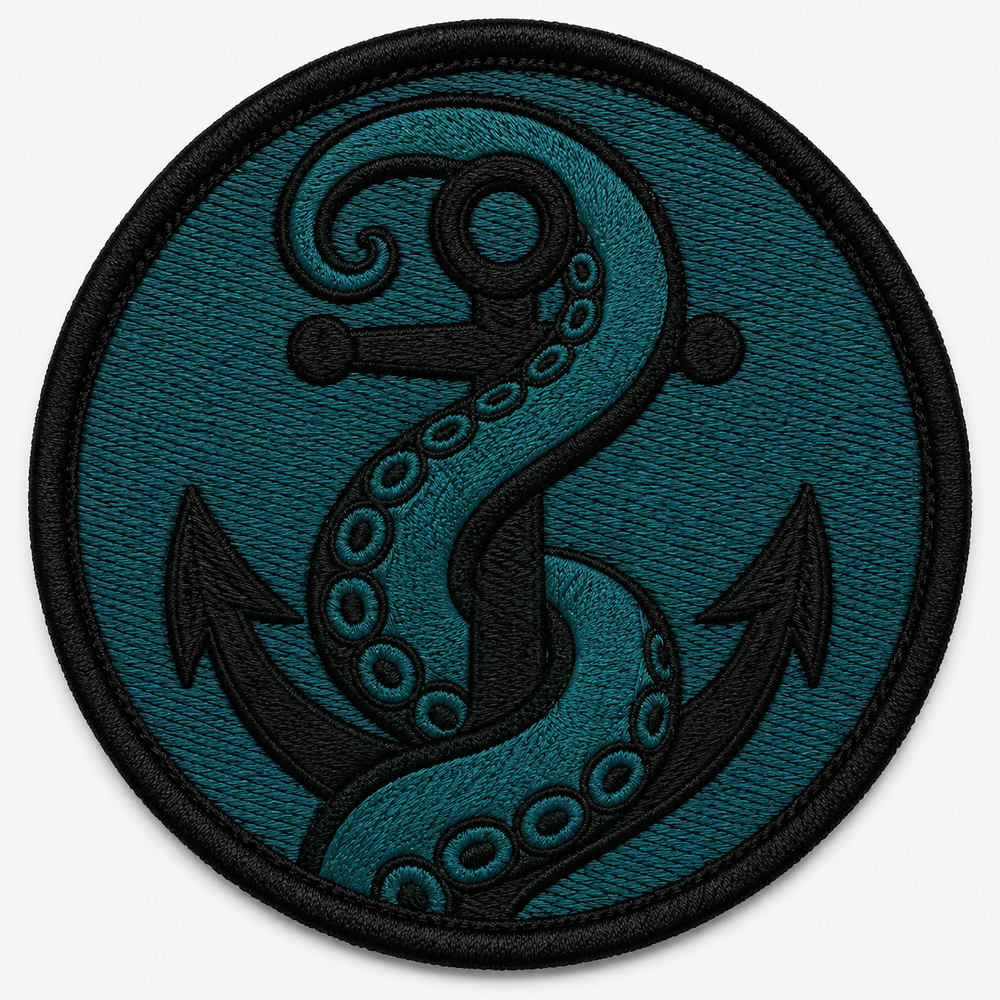 Kraken's Grip embroidery patch featuring a tentacle curling around a ship anchor in flat deep teal and black | Hand Finished in Dubai | EmbroMania