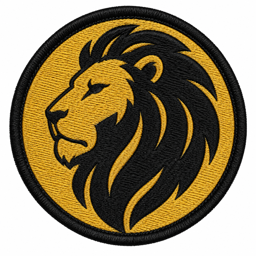 Lion King Mane embroidery patch featuring a lion head profile in gold and black on a circular patch | Hand Finished in Dubai | EmbroMania
