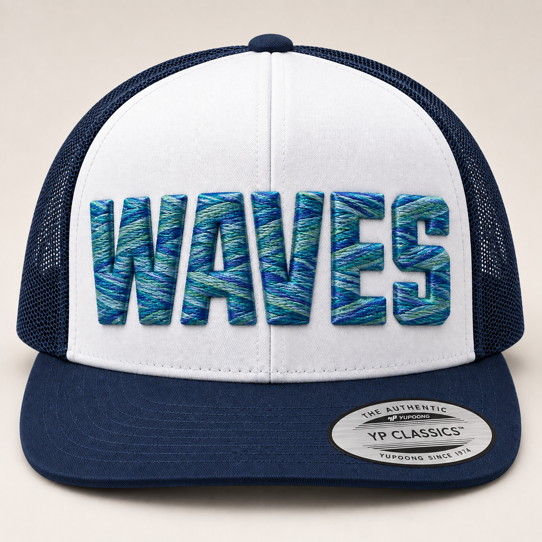 🐬 Bayline – Metro Block 3D Puff · Ocean Current thread · Navy & White Flat Trucker | Hand Finished in Dubai | EmbroMania