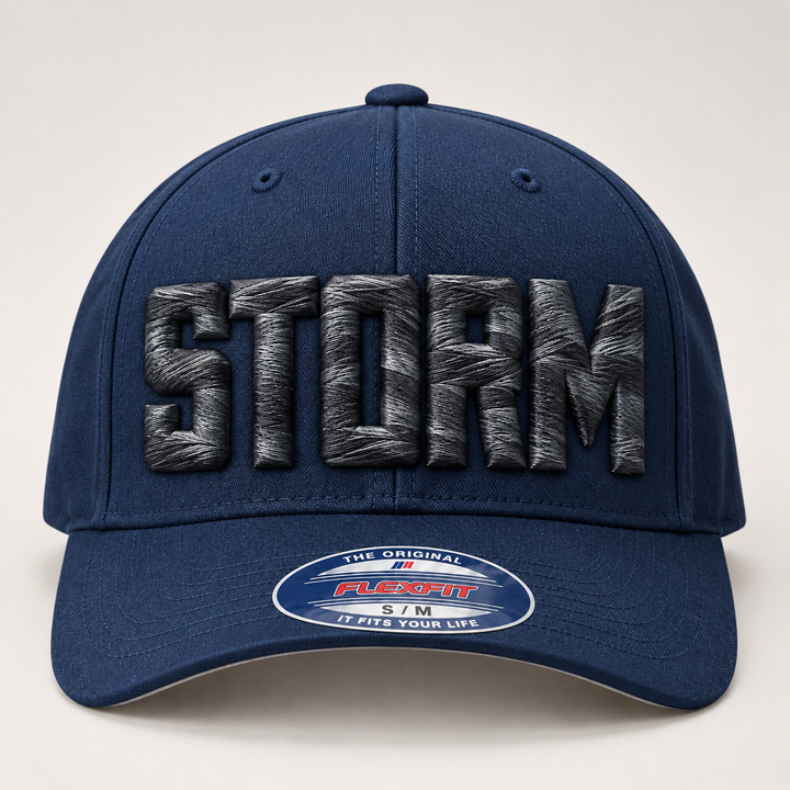 🖤 Concrete Storm – Metro Block 3D Puff · Graphite Storm thread · Navy Flexfit Curved | Hand Finished in Dubai | EmbroMania