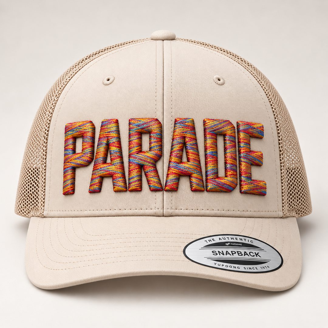 🎪 Downtown Carnival – Metro Block 3D Puff · Carnival Rush thread · Sand Beige Retro Trucker | Hand Finished in Dubai | EmbroMania