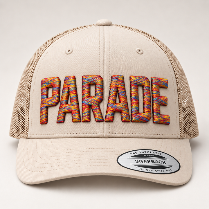 🎪 Downtown Carnival – Metro Block 3D Puff · Carnival Rush thread · Sand Beige Retro Trucker | Hand Finished in Dubai | EmbroMania