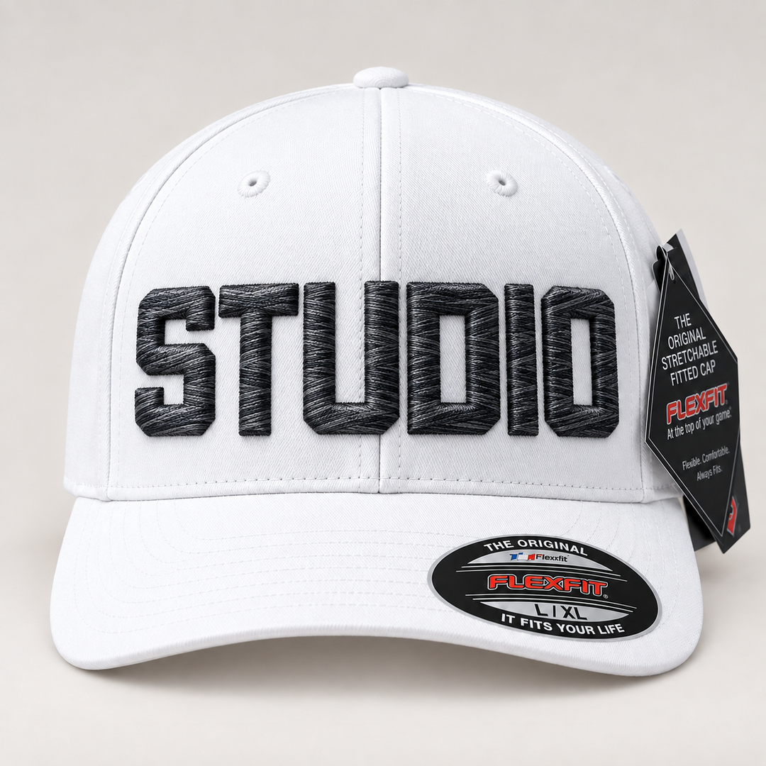 🏙️ Gallery Storm – Metro Block 3D Puff · Graphite Storm thread · White Flexfit Curved | Hand Finished in Dubai | EmbroMania