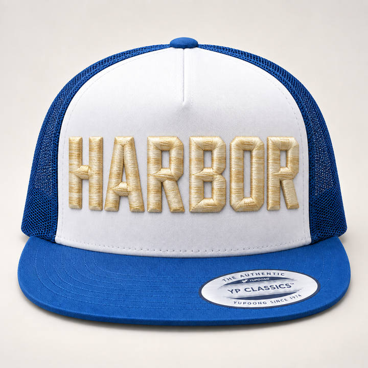 🌊 Harbour Silk – Metro Block 3D Puff · Ivory Silk thread · Royal Blue &amp; White Flat Trucker | Hand Finished in Dubai | EmbroMania
