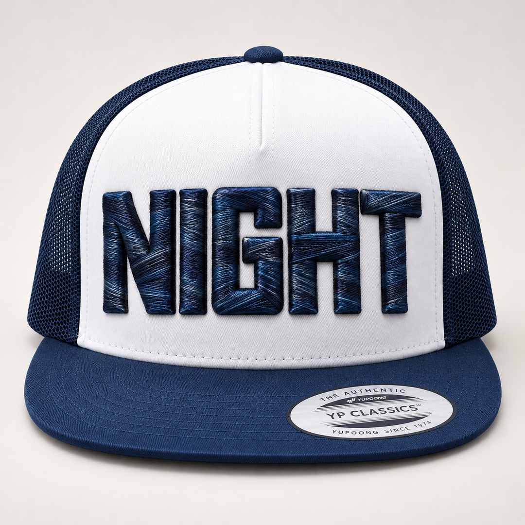🌙 Midnight Metro – Metro Block 3D Puff · Midnight Abyss thread · Navy &amp; White Flat Trucker | Hand Finished in Dubai | EmbroMania