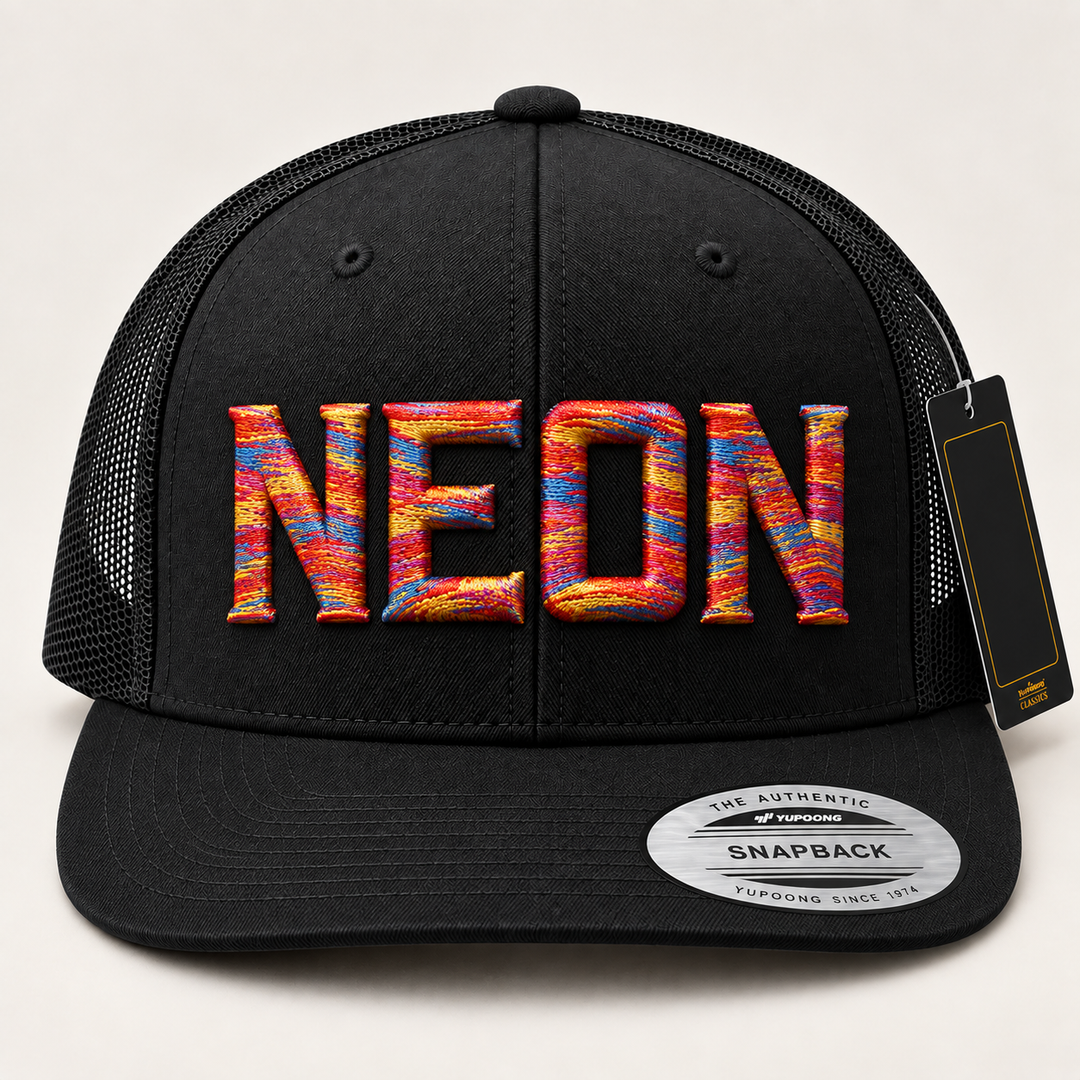 🌈 Neon Block – Metro Block 3D Puff · Carnival Rush thread · Black Flat Trucker | Hand Finished in Dubai | EmbroMania