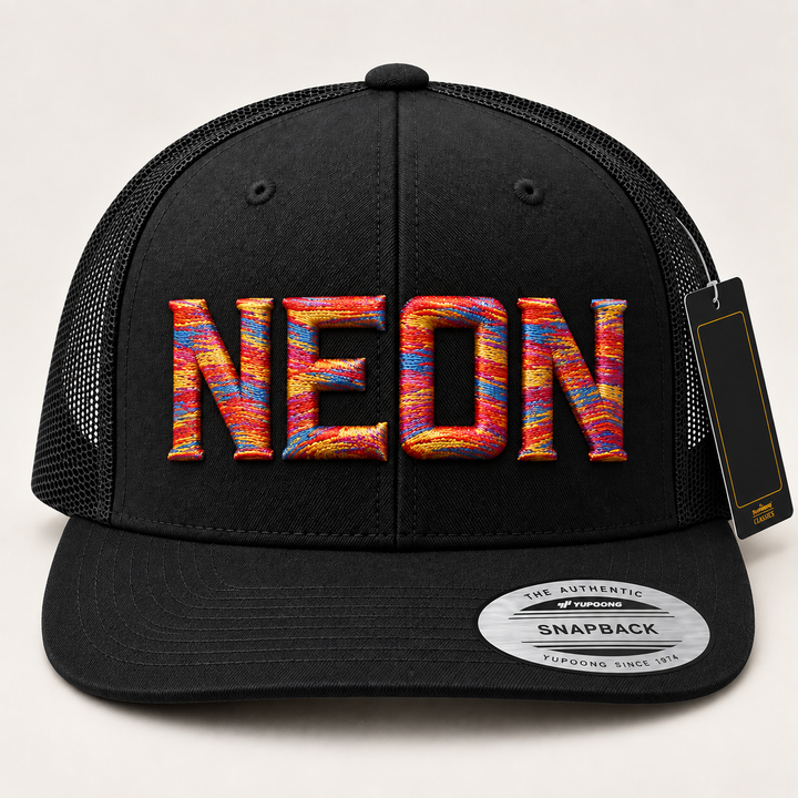 🌈 Neon Block – Metro Block 3D Puff · Carnival Rush thread · Black Flat Trucker | Hand Finished in Dubai | EmbroMania