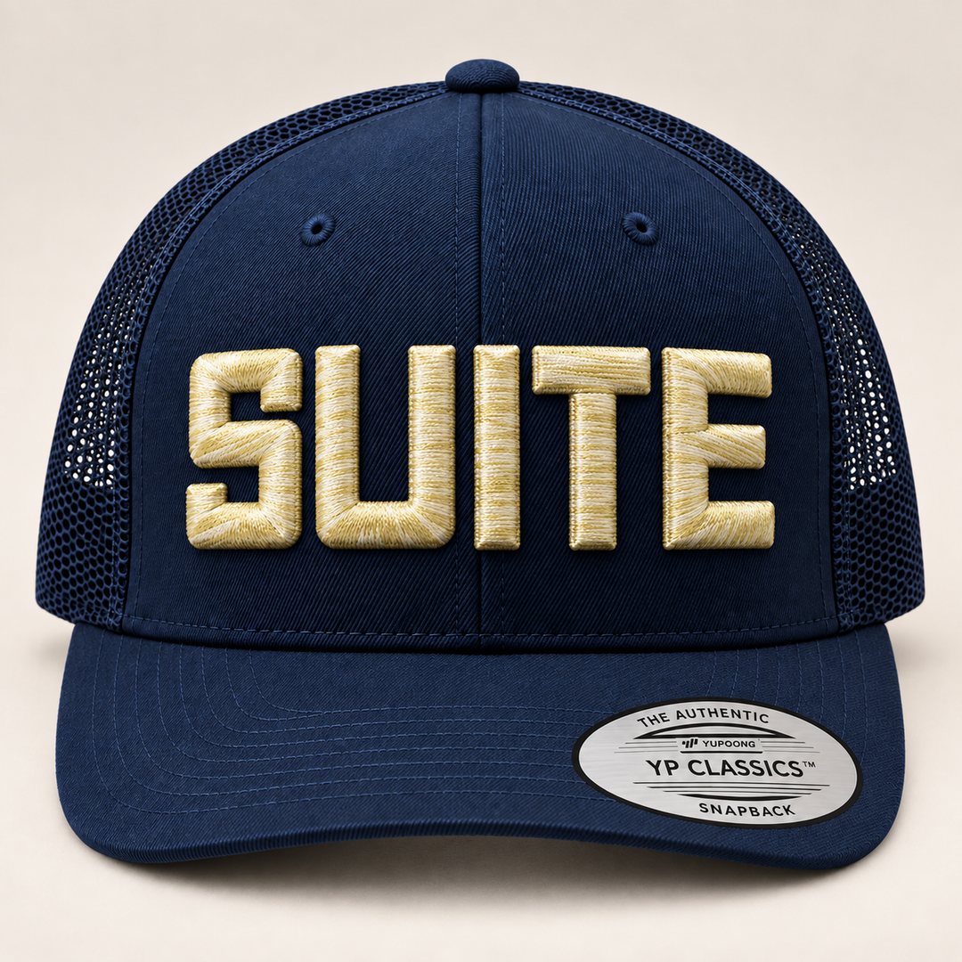 🥂 Penthouse Silk – Metro Block 3D Puff · Ivory Silk thread · Dark Navy Flat Trucker | Hand Finished in Dubai | EmbroMania
