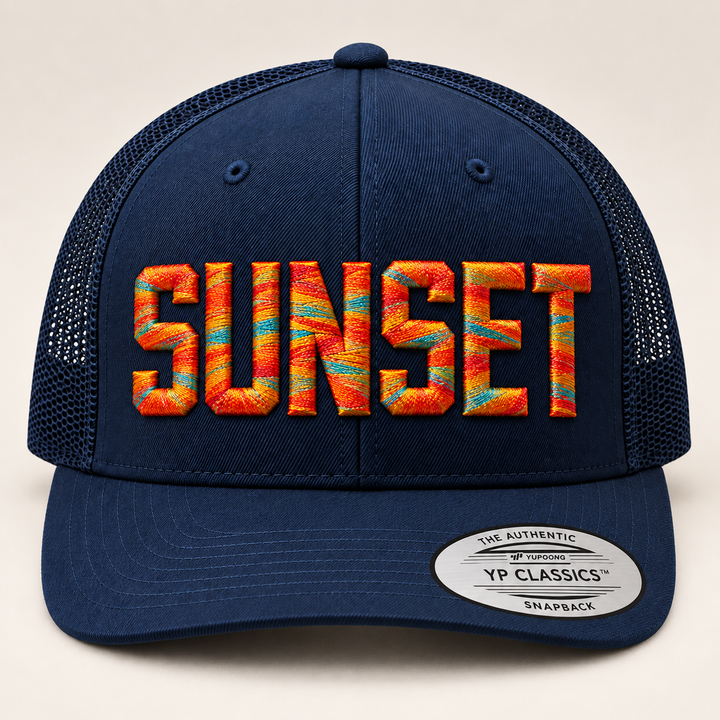 🌅 Skyline Flare – Metro Block 3D Puff · Solar Flare thread · Dark Navy Flat Trucker | Hand Finished in Dubai | EmbroMania