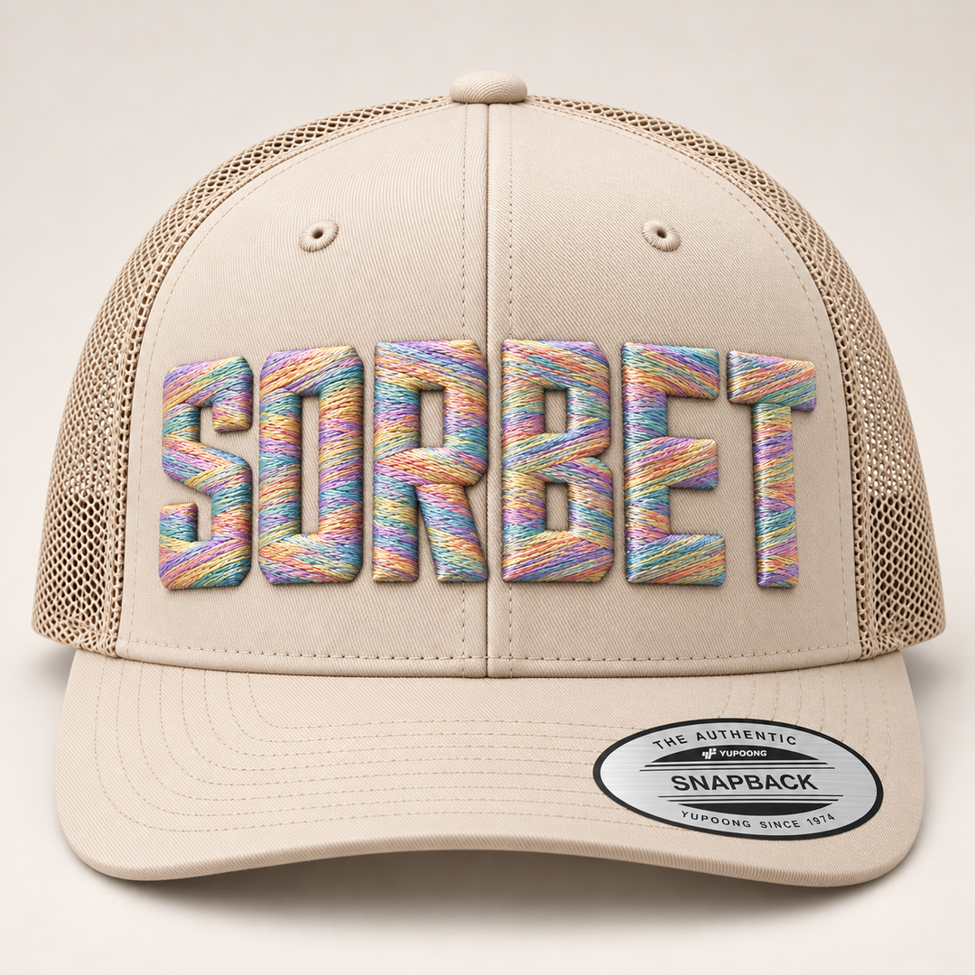 🌸 Soft District – Metro Block 3D Puff · Pastel Mirage thread · Sand Beige Retro Trucker | Hand Finished in Dubai | EmbroMania