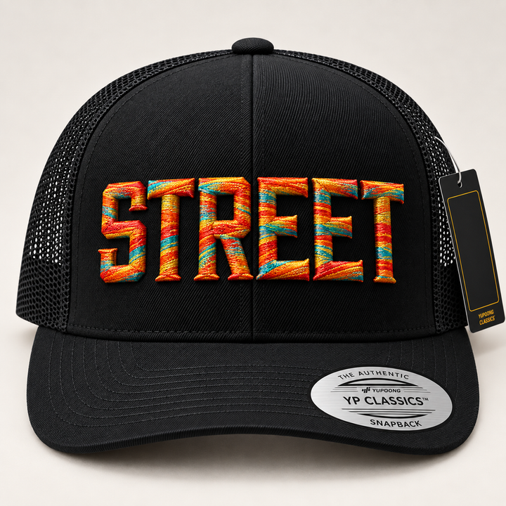🔥 Street Flare – Metro Block 3D Puff · Solar Flare thread · Black Curved Trucker | Hand Finished in Dubai | EmbroMania