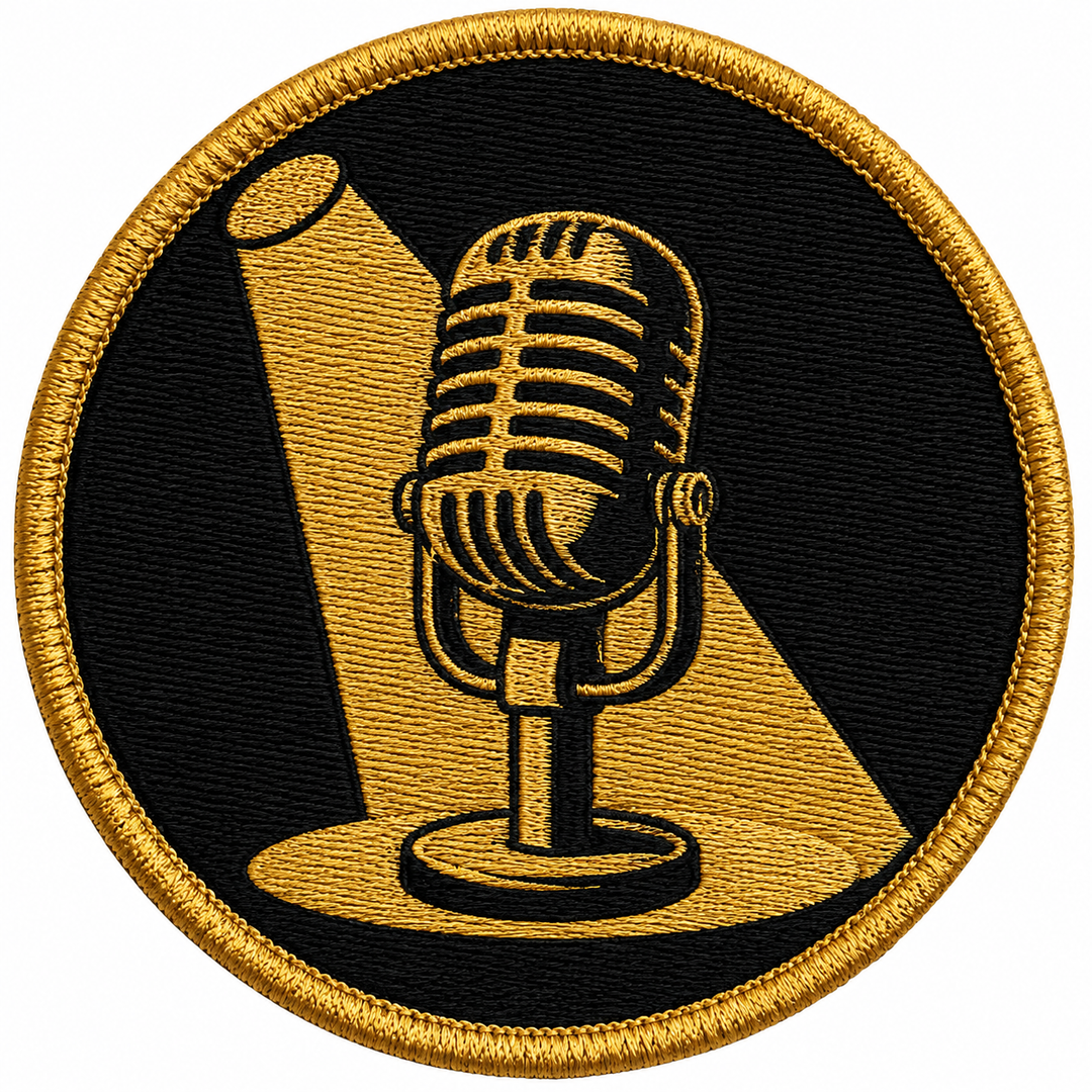 Microphone Moment embroidery patch featuring a classic mic silhouette with a spotlight beam in flat black and gold | Hand Finished in Dubai | EmbroMania