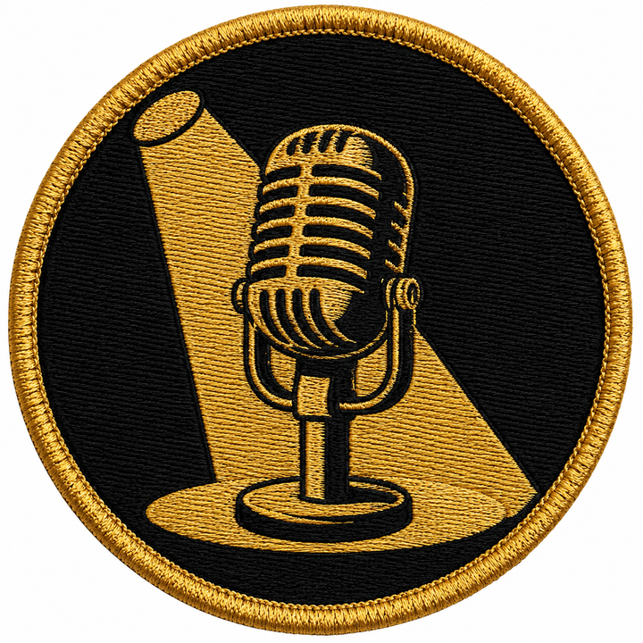 Microphone Moment embroidery patch featuring a classic mic silhouette with a spotlight beam in flat black and gold | Hand Finished in Dubai | EmbroMania