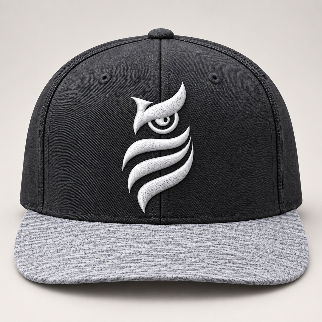 ⚡🌫️ Ash Sentinel – Midnight Sentinel Owl · White 3D puff · Charcoal &amp; Heather Grey Snapback | Hand Finished in Dubai | EmbroMania