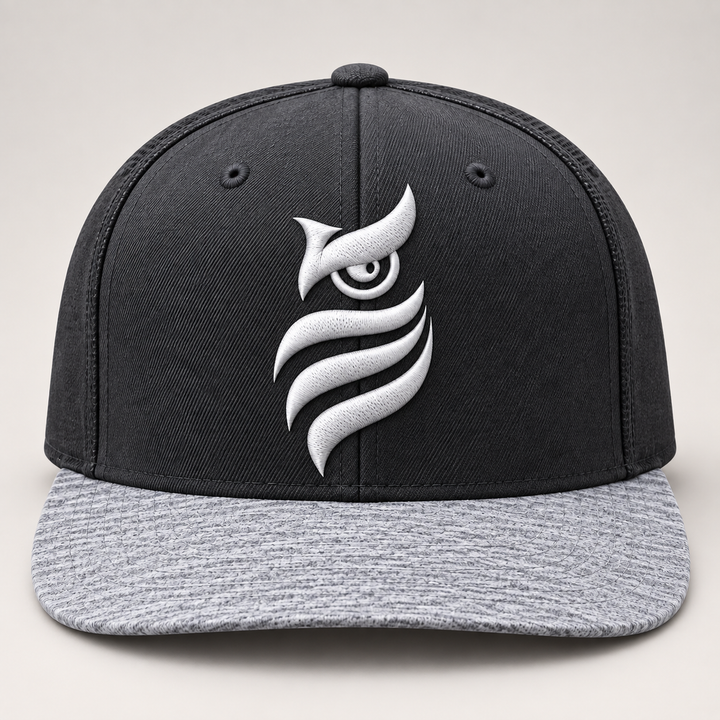 ⚡🌫️ Ash Sentinel – Midnight Sentinel Owl · White 3D puff · Charcoal &amp; Heather Grey Snapback | Hand Finished in Dubai | EmbroMania
