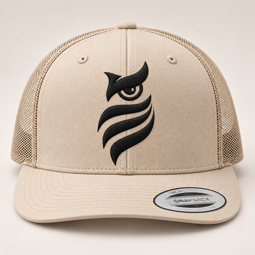 🏜️🦉 Desert Vigil – Midnight Sentinel Owl · Black 3D puff · Sand Beige Retro Trucker | Hand Finished in Dubai | EmbroMania