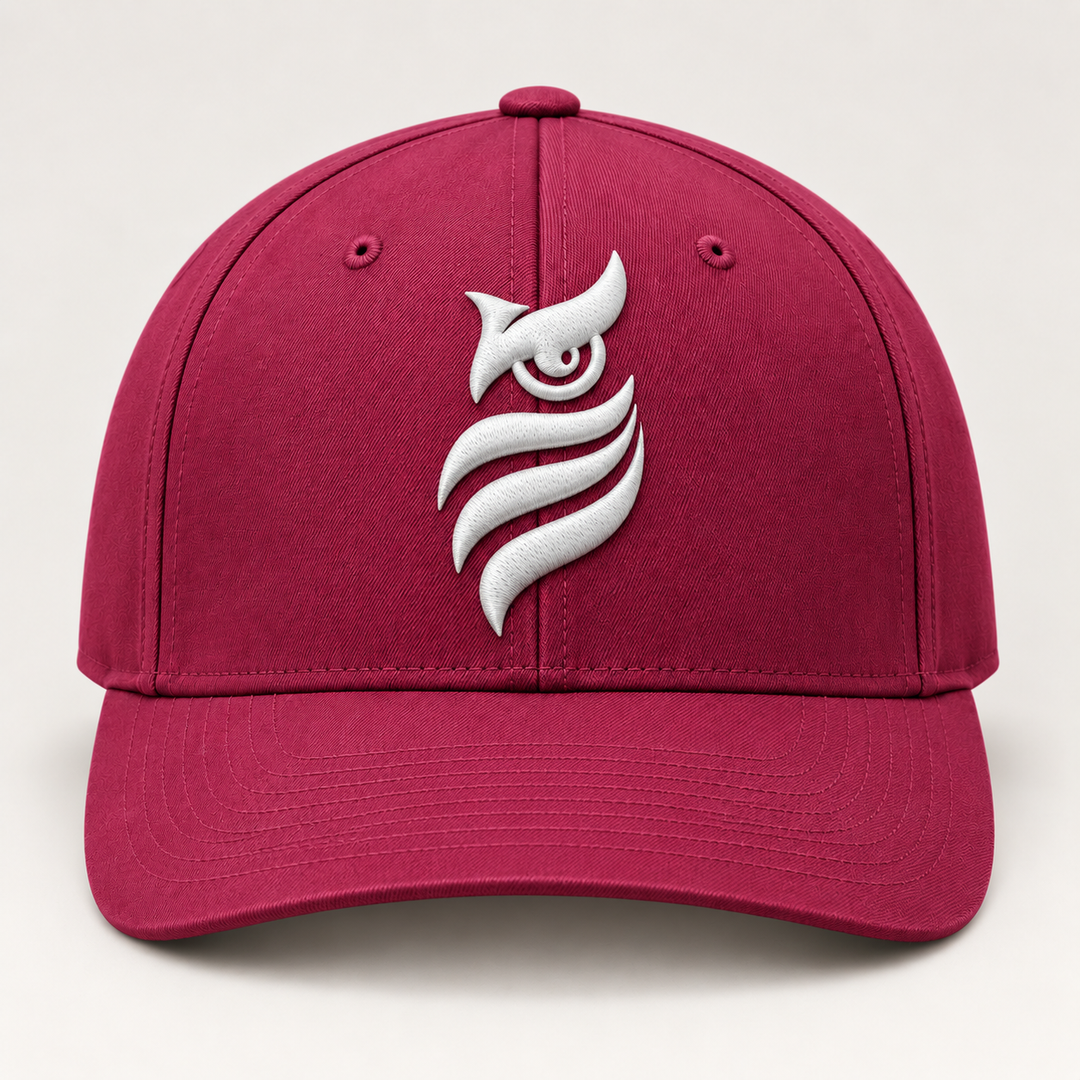 🍷🦉 Dusk Sentinel – Midnight Sentinel Owl · White 3D puff · Burgundy Flexfit Curved | Hand Finished in Dubai | EmbroMania