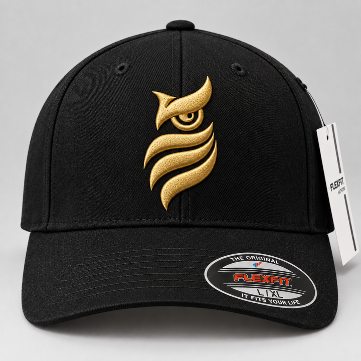 ✨🦉 Gilt Vigil – Midnight Sentinel Owl · Gold 3D puff · Black Solid Flexfit | Hand Finished in Dubai | EmbroMania