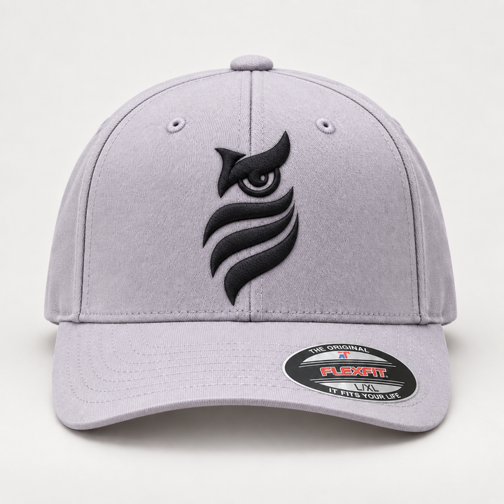 🌫️🦉 Grey Phantom – Midnight Sentinel Owl · Black 3D puff · Light Grey Flexfit Curved | Hand Finished in Dubai | EmbroMania