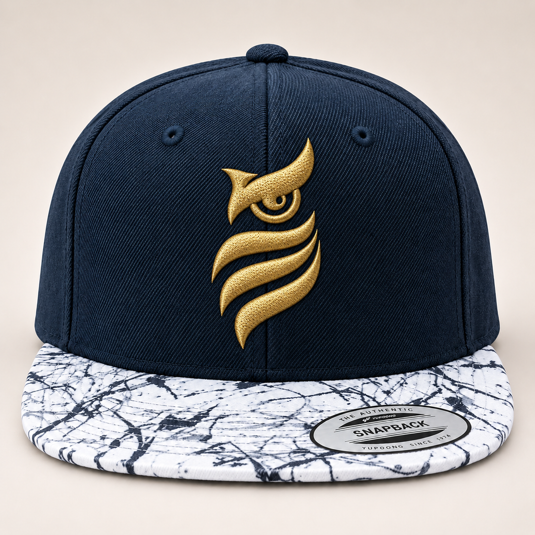 🌊✨ Marble Nocturne – Midnight Sentinel Owl · Gold 3D puff · Navy Crown &amp; Marble Brim Snapback | Hand Finished in Dubai | EmbroMania