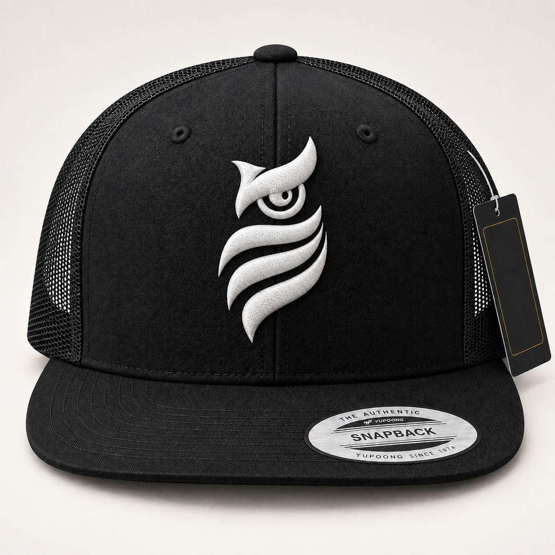 🖤🌙 Midnight Sentinel – Midnight Sentinel Owl · White 3D puff · Black Flat Trucker YP Classics | Hand Finished in Dubai | EmbroMania