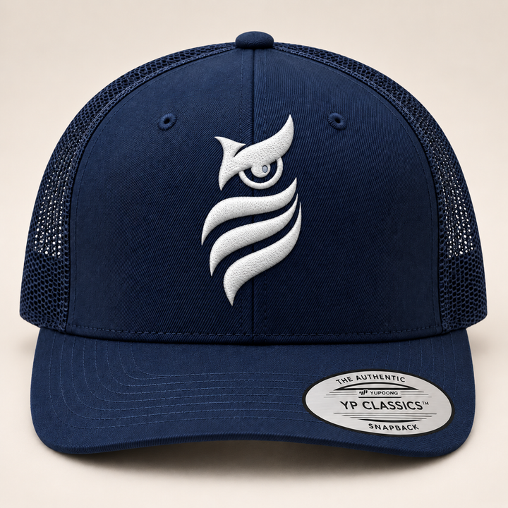 🌊🦉 Phantom Depths – Midnight Sentinel Owl · White 3D puff · Dark Navy Curved Trucker | Hand Finished in Dubai | EmbroMania