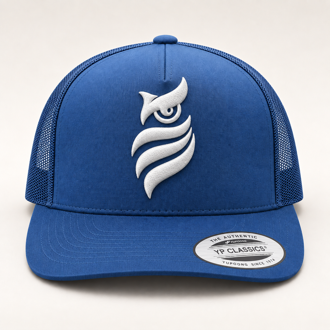 🌫️⚡ Steel Watch – Midnight Sentinel Owl · White 3D puff · Steel Blue Flat Trucker | Hand Finished in Dubai | EmbroMania