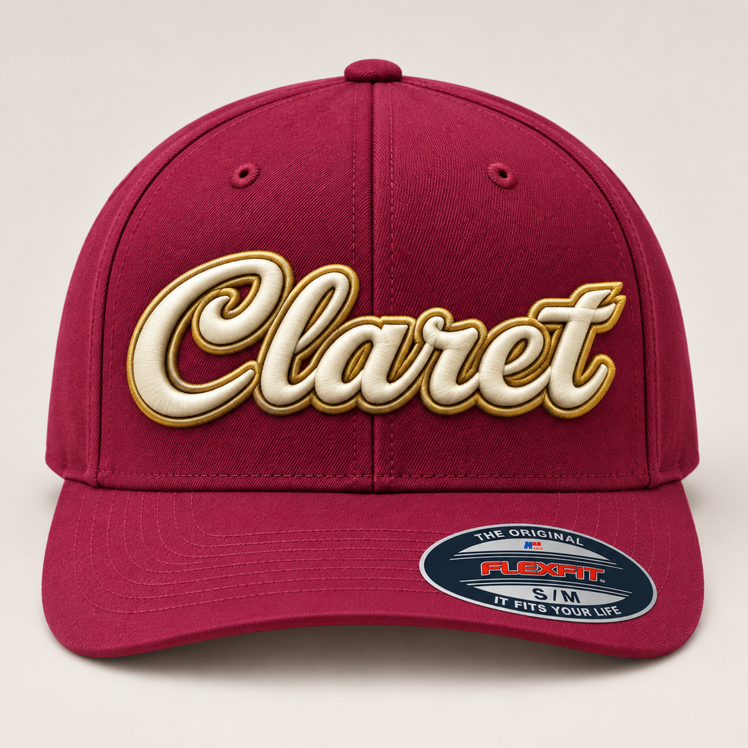 🍷✨ Claret Cream – Monarch Script 3D Puff · Cream fill · Gold outline · Burgundy Flexfit | Hand Finished in Dubai | EmbroMania