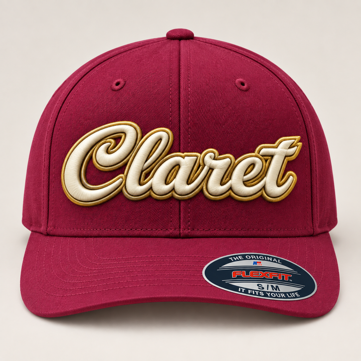🍷✨ Claret Cream – Monarch Script 3D Puff · Cream fill · Gold outline · Burgundy Flexfit | Hand Finished in Dubai | EmbroMania