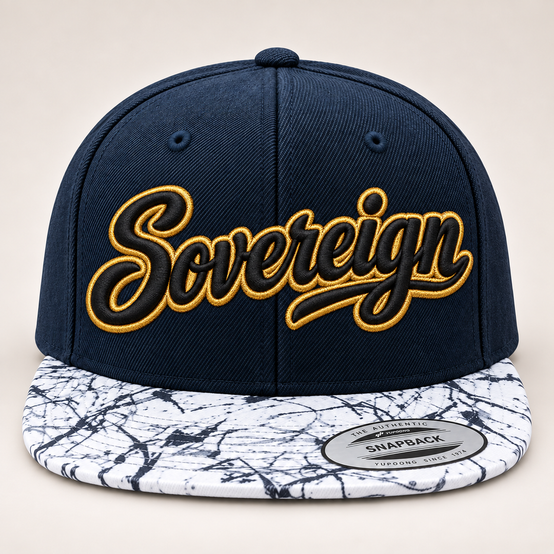 ⚫🟡 Dark Sovereign – Monarch Script 3D Puff · Black fill · Gold outline · Navy Marble Brim Snapback | Hand Finished in Dubai | EmbroMania