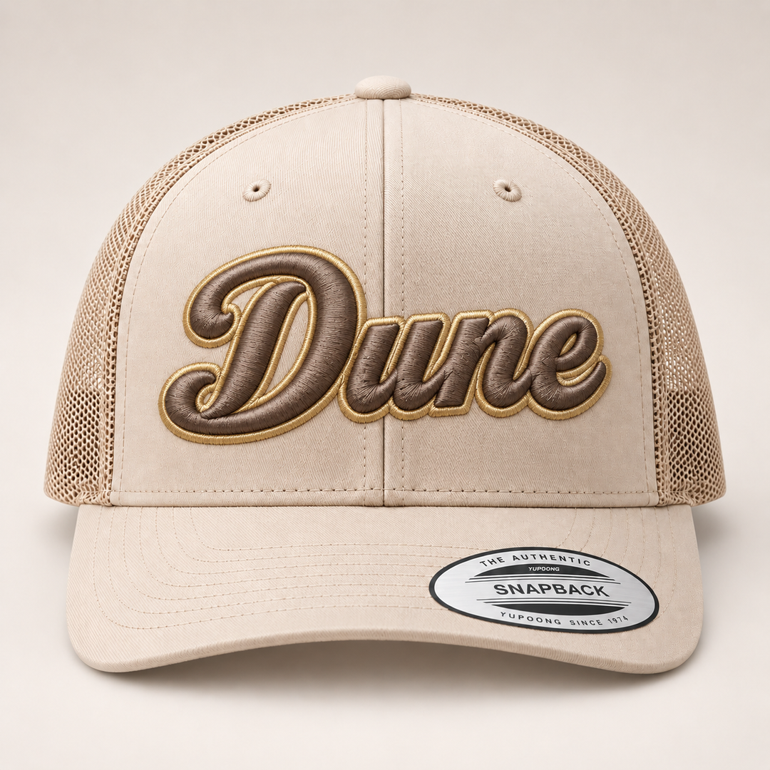 🟤🟡 Dune Gold – Monarch Script 3D Puff · Taupe fill · Gold outline · Beige Retro Trucker | Hand Finished in Dubai | EmbroMania