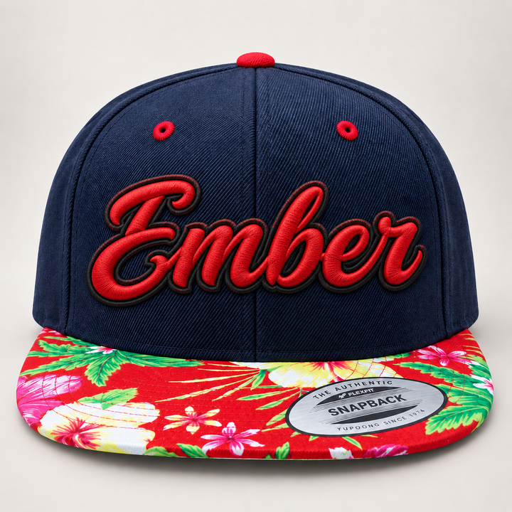 🔴⚫ Ember Shadow – Monarch Script 3D Puff · Red fill · Black outline · Navy Floral Brim Snapback | Hand Finished in Dubai | EmbroMania