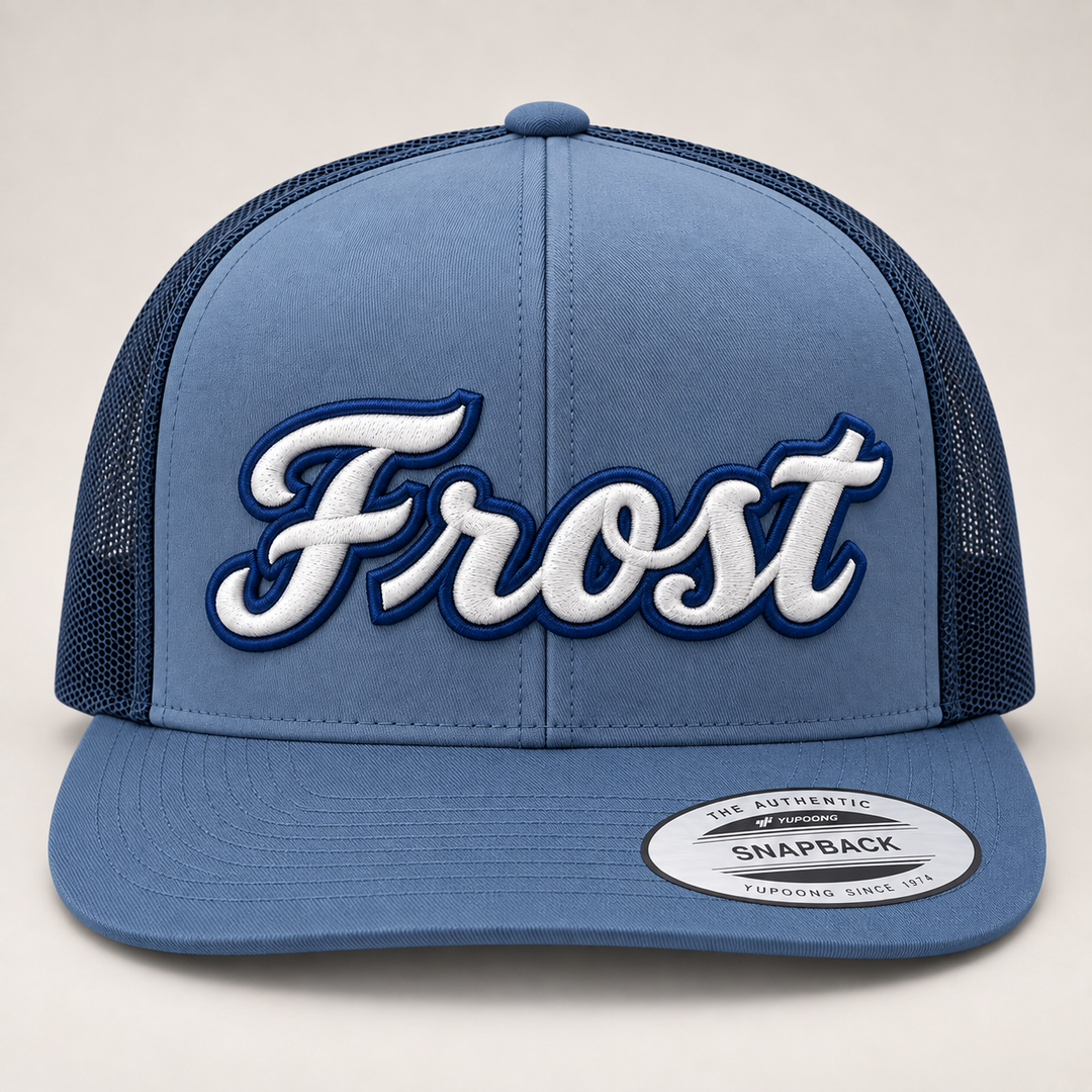 ⚪🔵 Frost Abyss – Monarch Script 3D Puff · White fill · Navy outline · Slate Blue Flat Trucker | Hand Finished in Dubai | EmbroMania