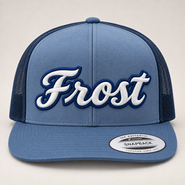 ⚪🔵 Frost Abyss – Monarch Script 3D Puff · White fill · Navy outline · Slate Blue Flat Trucker | Hand Finished in Dubai | EmbroMania