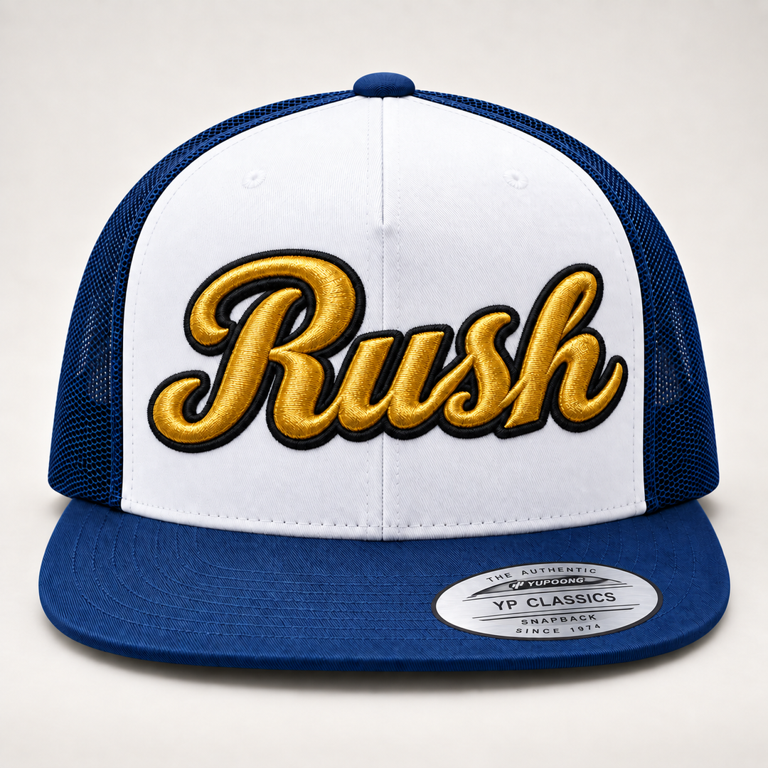 🟡⚫ Gold Rush – Monarch Script 3D Puff · Gold fill · Black outline · White &amp; Navy Foam Trucker | Hand Finished in Dubai | EmbroMania