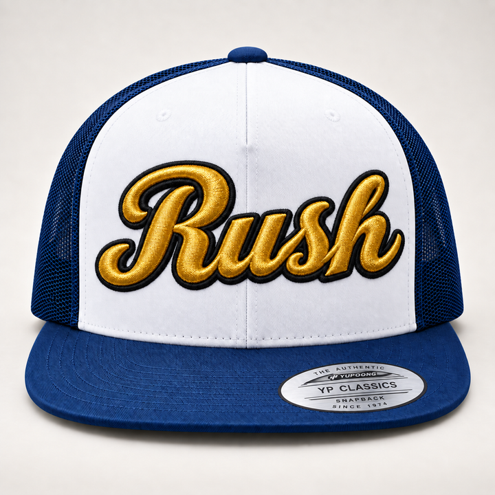 🟡⚫ Gold Rush – Monarch Script 3D Puff · Gold fill · Black outline · White &amp; Navy Foam Trucker | Hand Finished in Dubai | EmbroMania