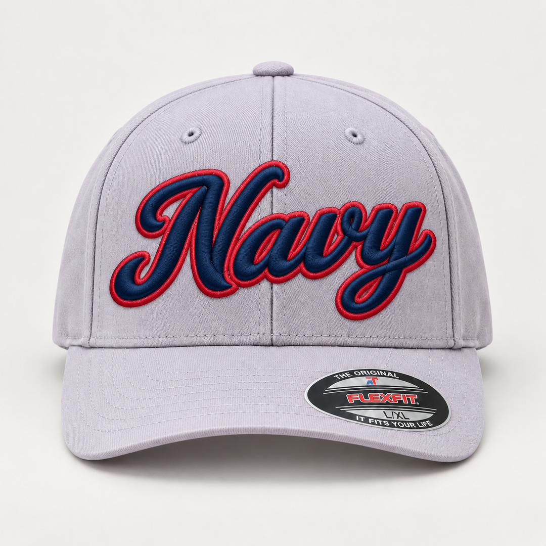 🔵🔴 Navy Ember – Monarch Script 3D Puff · Navy fill · Red outline · Light Grey Flexfit | Hand Finished in Dubai | EmbroMania