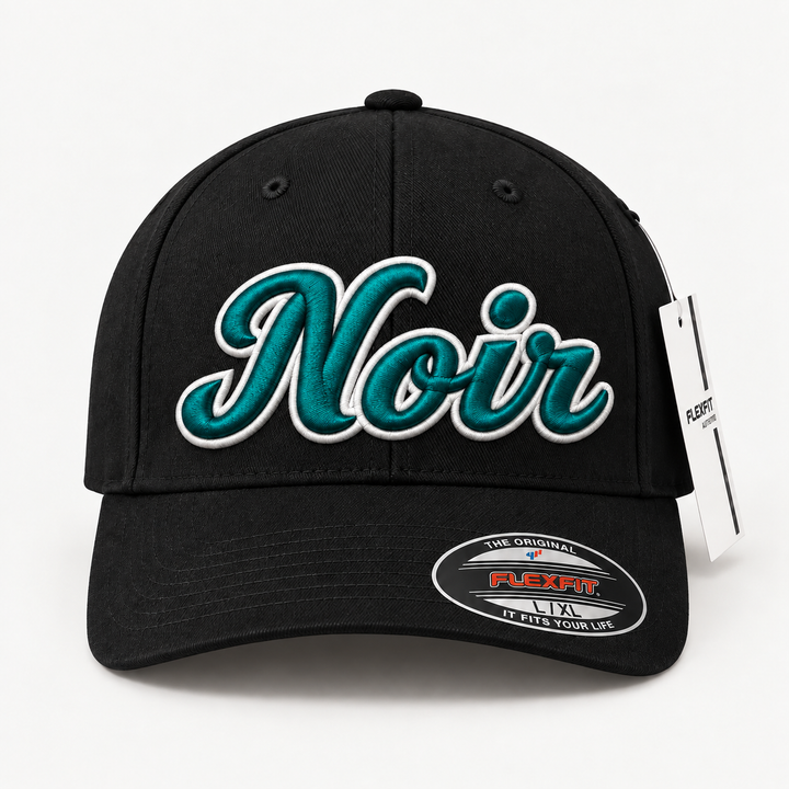 🖤🩵 Teal Noir – Monarch Script 3D Puff · Teal fill · White outline · Black Flexfit | Hand Finished in Dubai | EmbroMania