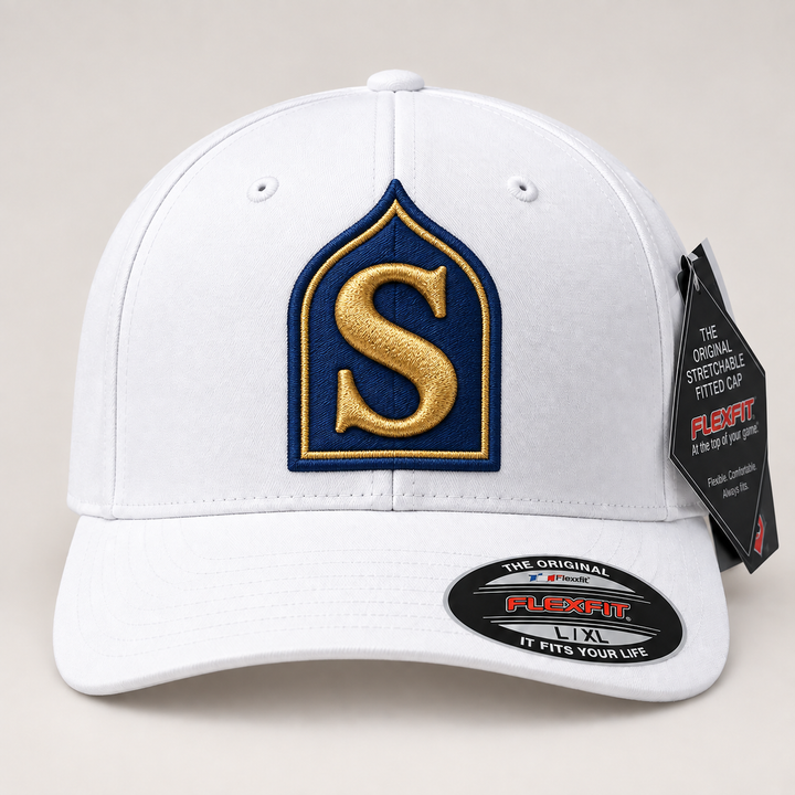🤍 Ivory Arch – Monogram Crest · Navy crest · Gold letter · White Flexfit | Hand Finished in Dubai | EmbroMania