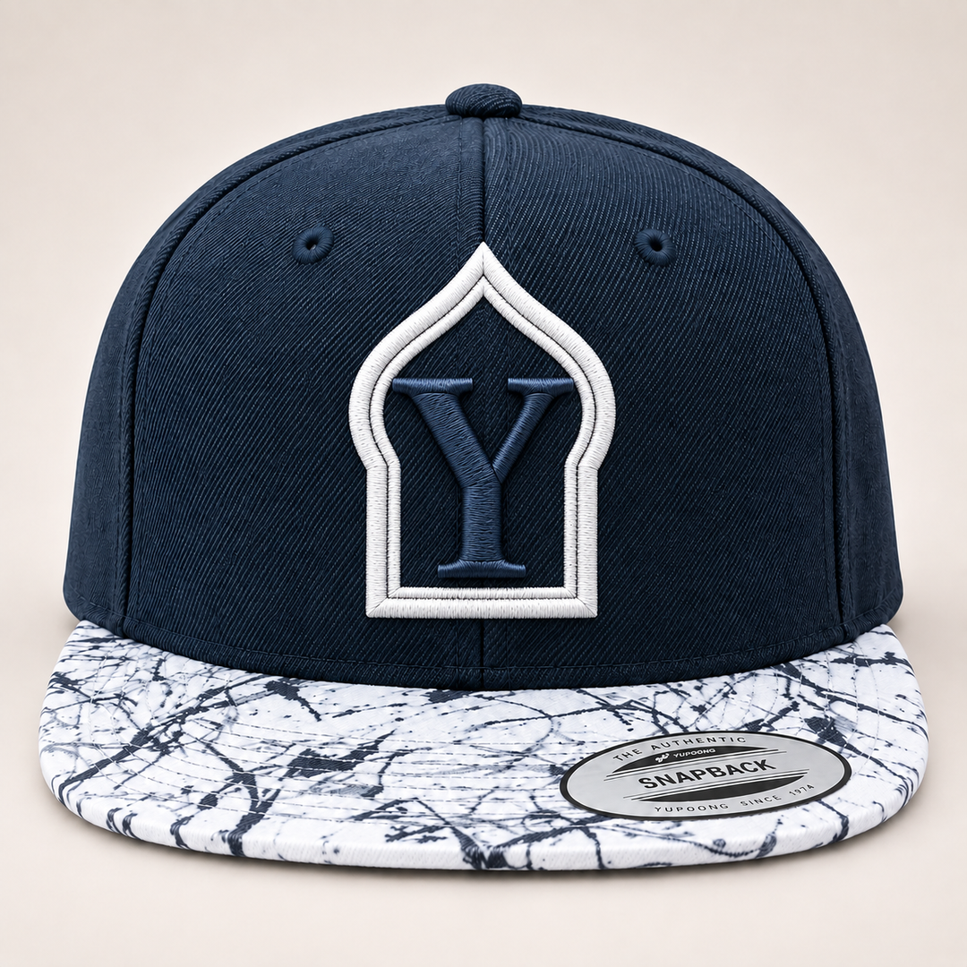 🏔️ Marble Crest – Monogram Crest · White crest · Navy letter · Navy Marble Brim Snapback | Hand Finished in Dubai | EmbroMania