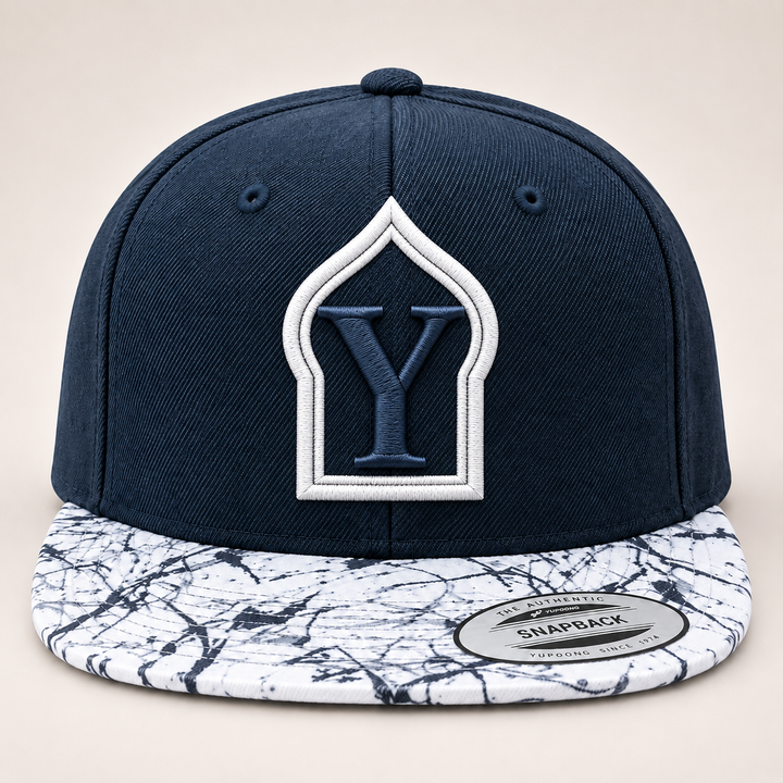 🏔️ Marble Crest – Monogram Crest · White crest · Navy letter · Navy Marble Brim Snapback | Hand Finished in Dubai | EmbroMania