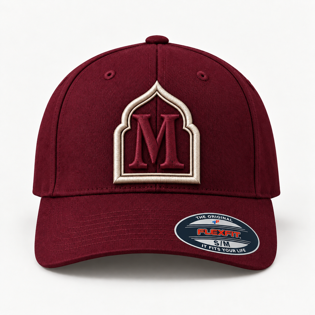 🍷 Maroon Heritage – Monogram Crest · Cream crest · Maroon letter · Maroon Flexfit | Hand Finished in Dubai | EmbroMania