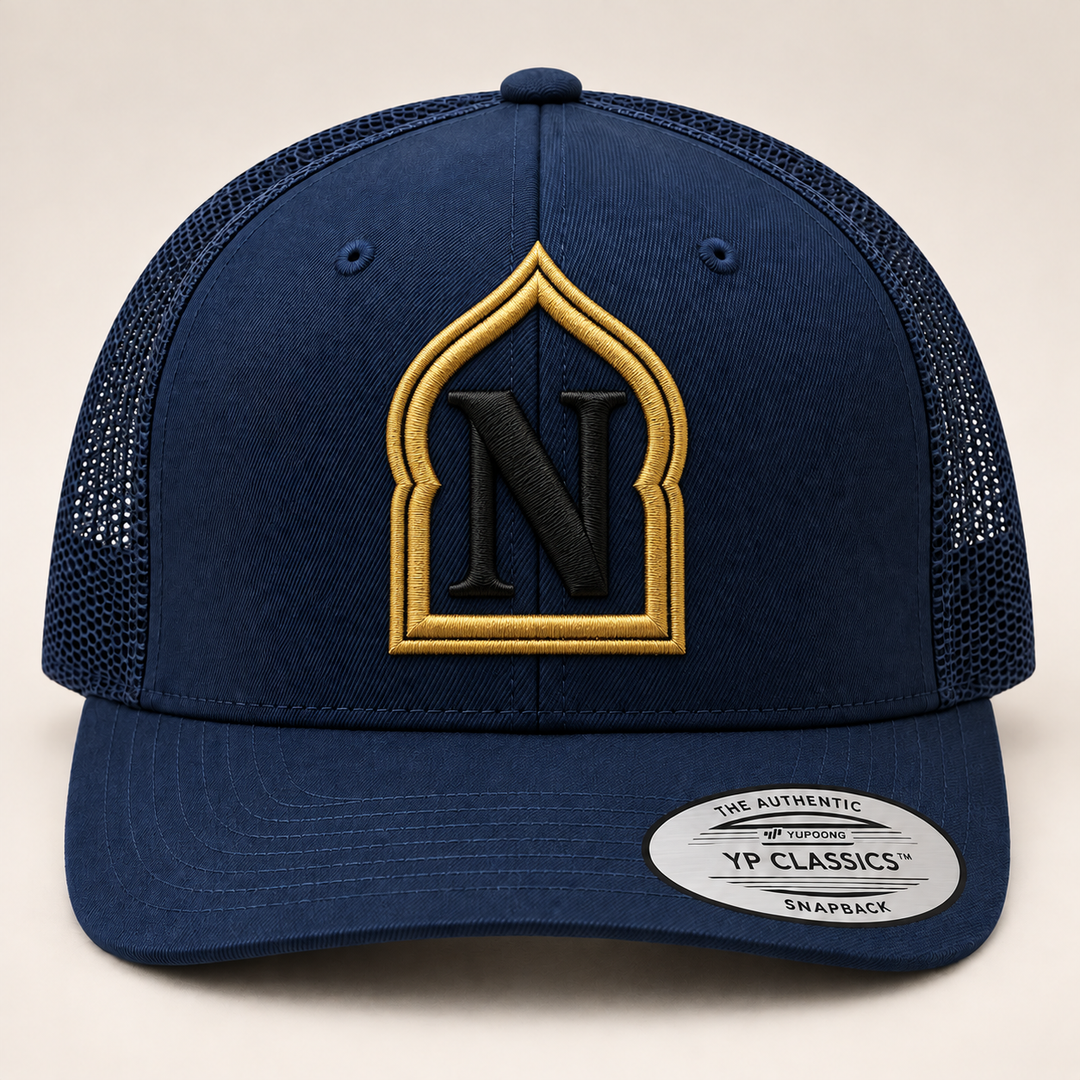🌌 Night Gold – Monogram Crest · Gold crest · Black letter · Navy Retro Trucker | Hand Finished in Dubai | EmbroMania