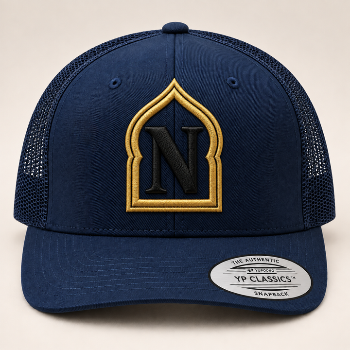 🌌 Night Gold – Monogram Crest · Gold crest · Black letter · Navy Retro Trucker | Hand Finished in Dubai | EmbroMania