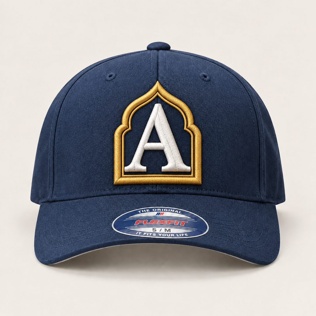 🏛️ Royal Arch – Monogram Crest · Gold crest · White letter · Navy Flexfit | Hand Finished in Dubai | EmbroMania