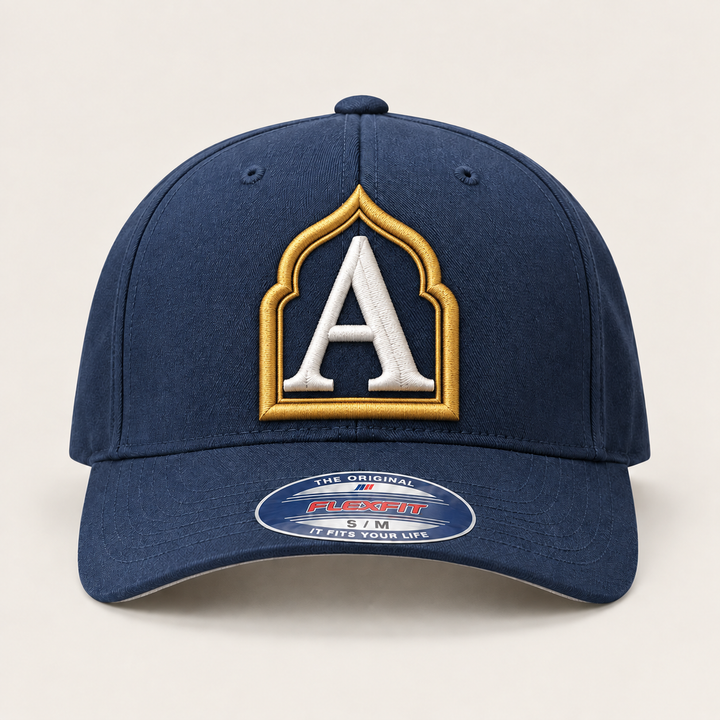 🏛️ Royal Arch – Monogram Crest · Gold crest · White letter · Navy Flexfit | Hand Finished in Dubai | EmbroMania