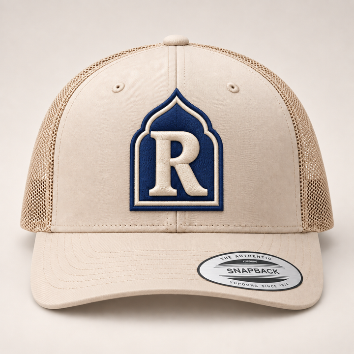 🏜️ Sand Arch – Monogram Crest · Navy crest · Cream letter · Beige Retro Trucker | Hand Finished in Dubai | EmbroMania
