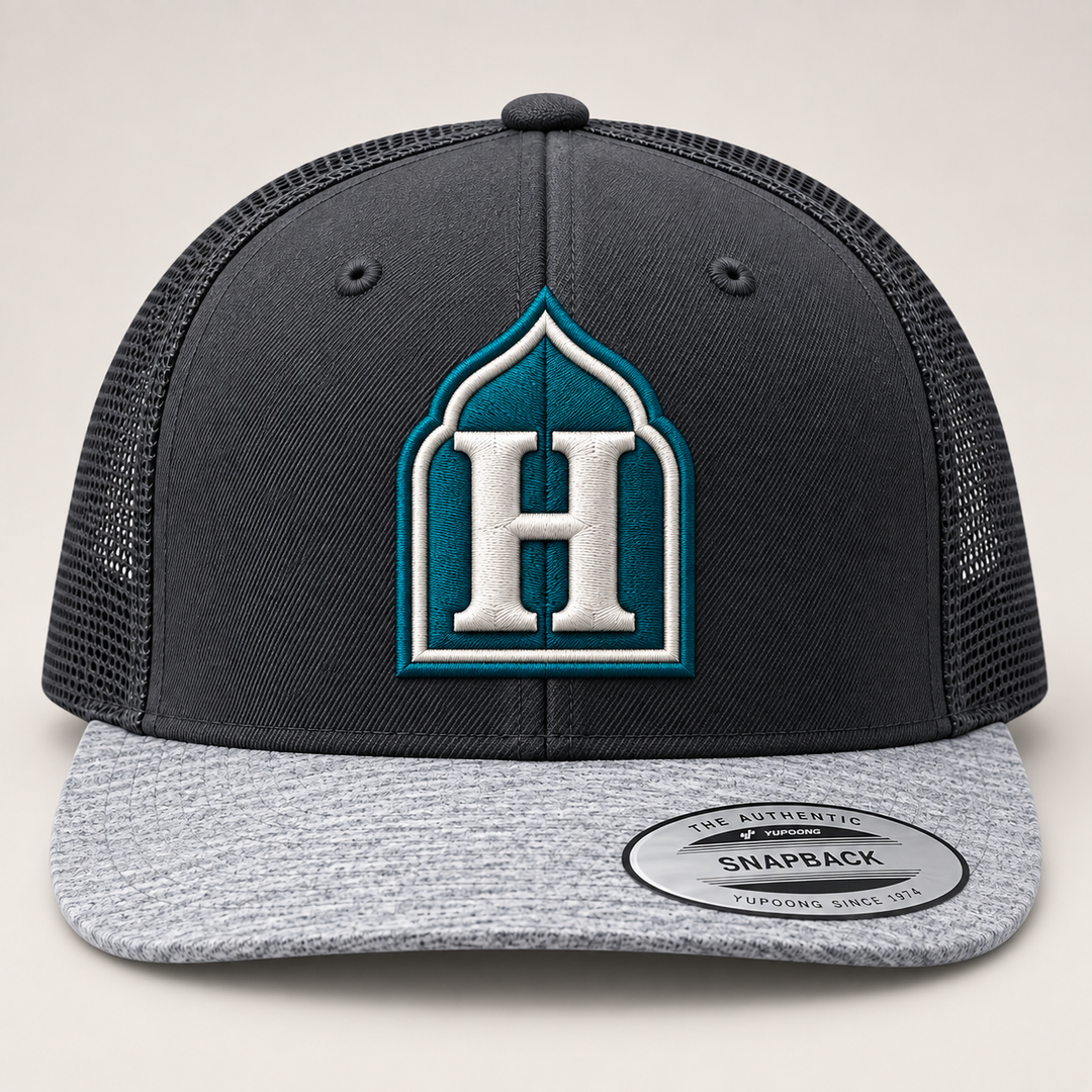 👻 Slate Arch – Monogram Crest · Teal crest · White letter · Charcoal Heather Snapback | Hand Finished in Dubai | EmbroMania